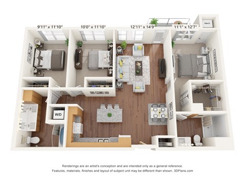 Brighton Oaks_3D_3 Bedroom Floor Plan_3A